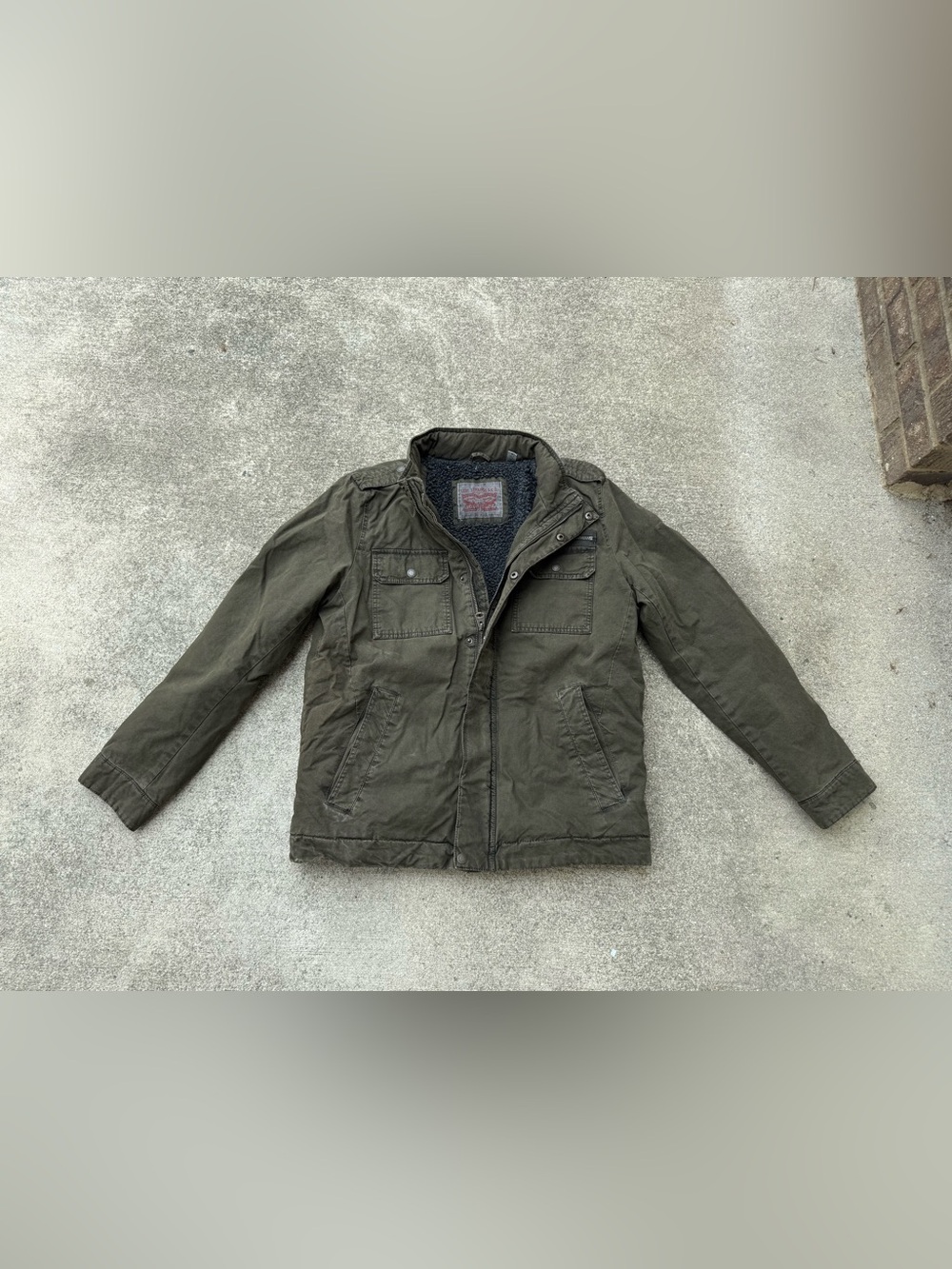 Levis Mens Md Sherpa Lined Military Field Jacket Olive Green Cotton Canvas Coat